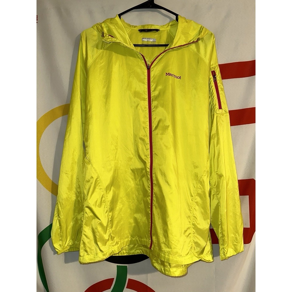 Marmot Windbreaker Jacket Womens XL Neon Yellow Full Zip Hooded Lightweight